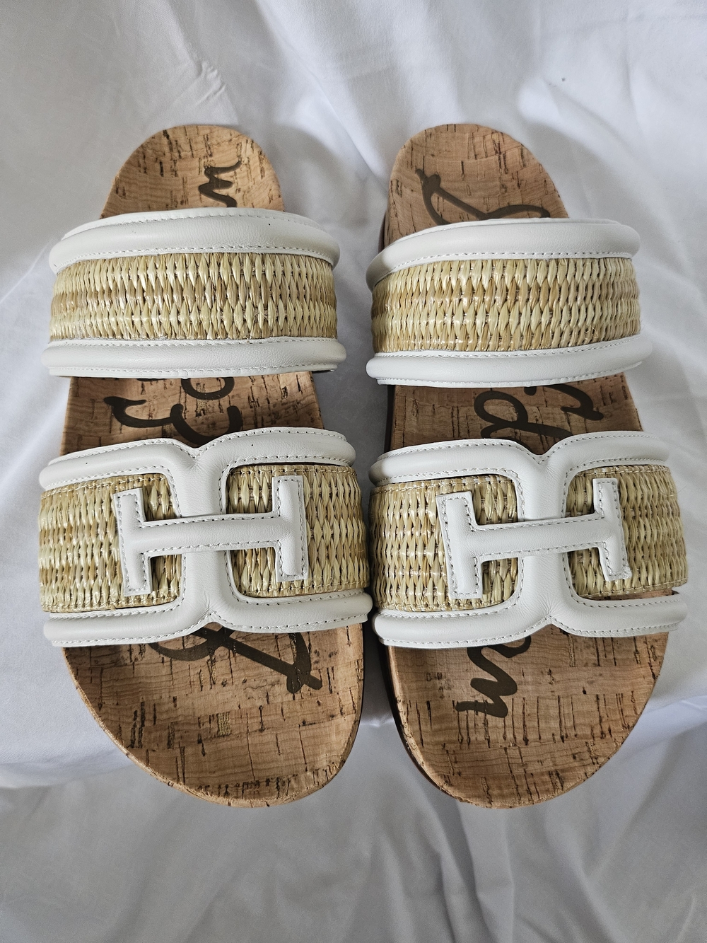 Sam Edelman White and Natural Woven Double-Strap Slide Sandals